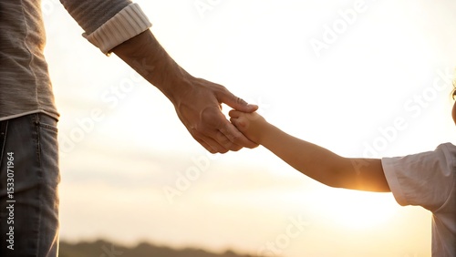 Father and child holding hands at sunset