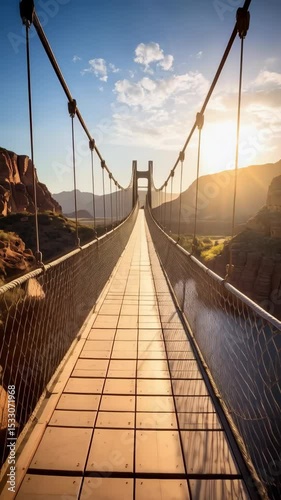 Long suspension bridge spanning rocky canyon at sunset, showcasing engineered structure and scenic landscape, providing passage over gorge.