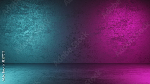 Abstract concrete wall and floor illuminated by vibrant teal and magenta stage lighting