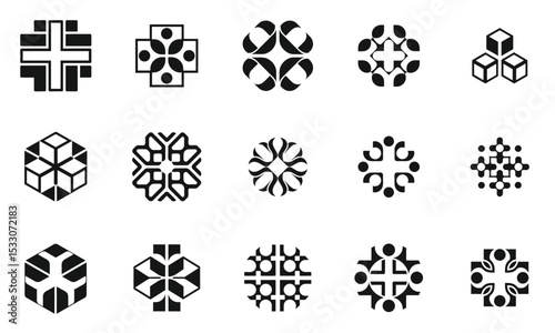 A diverse collection of black and white geometric logos featuring various abstract shapes and patterns, showcasing modern design elements and creativity.
