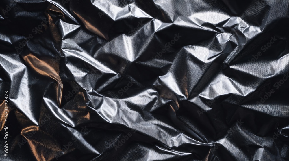 Crumpled dark shiny protective wrapping foil. Abstract black grey metal surface with strong light reflections texture. Crumpled dark shiny protective wrapping foil. Abstract black grey metal surface with strong light reflections texture.