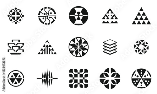 A collection of artistic geometric symbols in black and white, showcasing intricate designs that evoke modern creativity and abstract concepts.