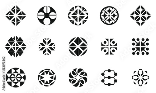 A collection of sixteen intricate black and white geometric patterns, showcasing varied shapes and designs perfect for modern decor or textile art.