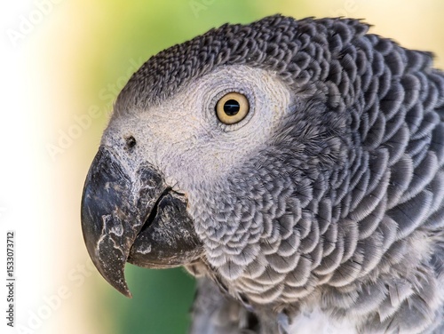 African gray parrot featuring intricate gray feather details and a striking profile against a soft, muted background.