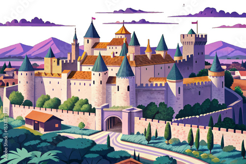 Carcassonne walled city in southern France, showing medieval fortress towers, stone walls, historic architecture, and scenic countryside background