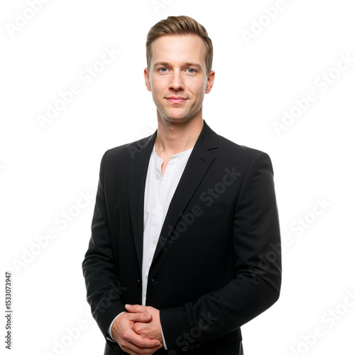 Confident Young Professional in Black Jacket with Hands Folded, Smiling Against White Background PNG