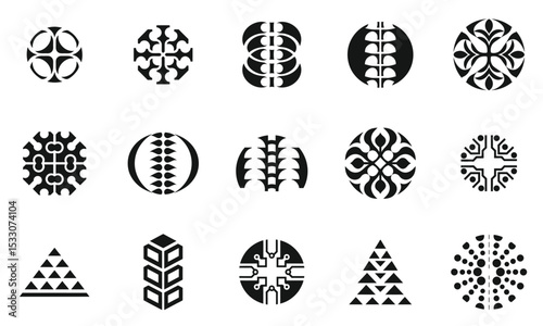 A collection of intricate black and white geometric patterns and designs, showcasing a variety of shapes and lines that create visually striking forms.