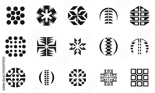 A diverse collection of unique geometric patterns in black and white, showcasing intricate designs in various shapes and forms, perfect for artistic inspiration.