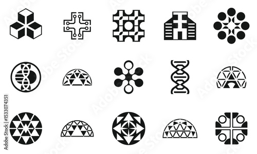 A collection of unique geometric and abstract designs in black and white, showcasing various shapes, patterns, and forms that evoke creativity and innovation.