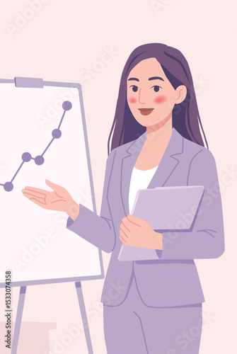 Elegant businesswoman presenting data on a chart, wearing a lavender suit in a modern office. Flat illustration style, startup theme, soft pastel palette.