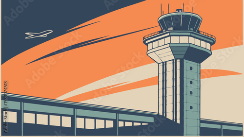 Airport Control Tower and Terminal with Airplane in Retro Style