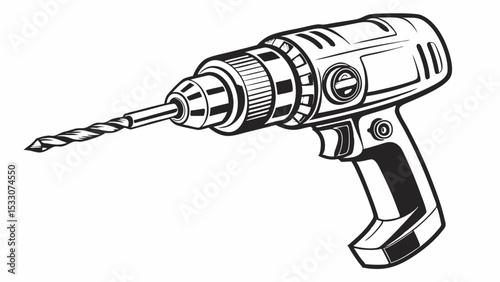 Black and White Illustration of a Power Drill with Drill Bit