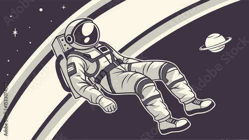 Cartoon Astronaut Floating in Space with Planet and Stars