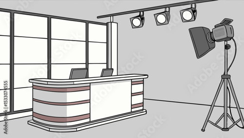 Cartoon illustration of a news studio set with lighting and desk
