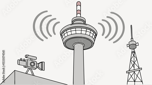Cartoon illustration of a TV tower radio tower camera and signal waves
