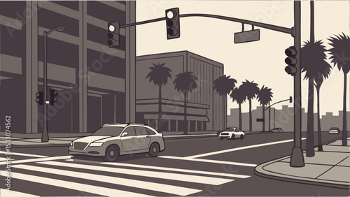 Cartoon Illustration of City Street with Cars Buildings and Palm Trees