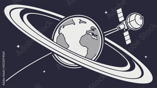 Cartoon Earth with Rings and Satellite in Space Illustration