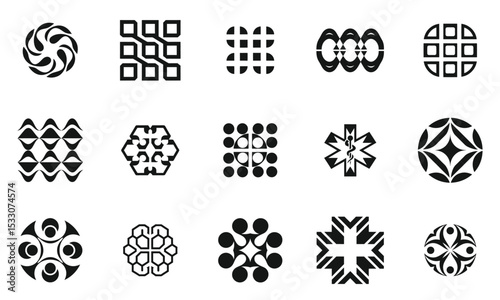 A collection of unique black and white geometric logos featuring innovative designs. Perfect for branding and creative projects.