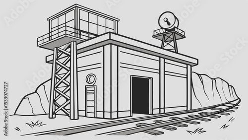 Detailed Drawing of a Railway Station Building with Lookout Tower