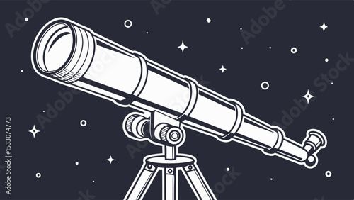 Illustration of a white telescope on a tripod against a starry background