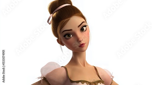 A close-up portrait of a young ballerina with an elegant high bun hairstyle, wearing a delicate pink tutu dress with golden embellishments, set against a white background