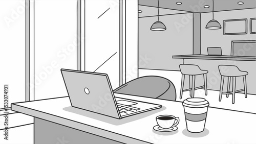 Laptop Coffee and Modern Cafe Interior Sketch