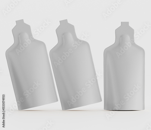 Conceptual design of three white bottle shaped product packages in a minimalistic studio setup for advertising and commercial use