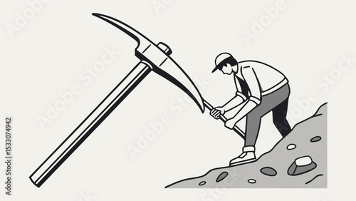 Miner Working with Pickaxe on a Hillside