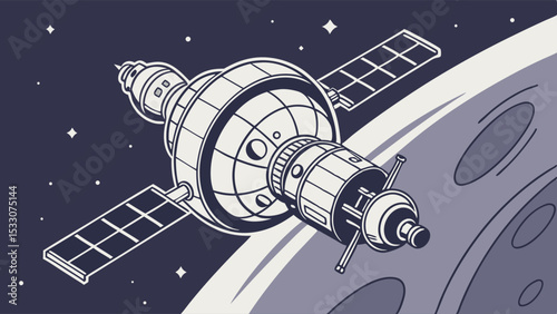 Retro Spacecraft Orbiting a Planet Detailed Illustration