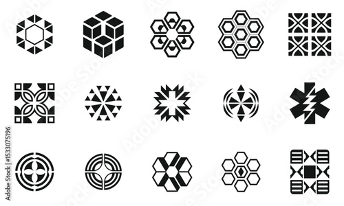 A collection of intricate geometric black and white patterns, showcasing diverse shapes and designs. Ideal for modern graphic applications and branding.