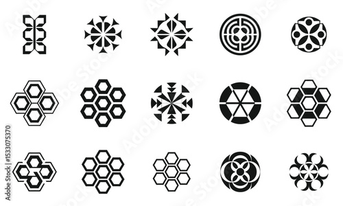A collection of abstract black and white geometric patterns showcasing various shapes and designs in a visually striking arrangement.