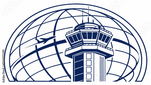 Stylized Air Traffic Control Tower with Globe and Airplane Illustration