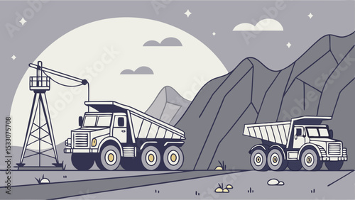 Two Dump Trucks at Night Near Mountain Quarry