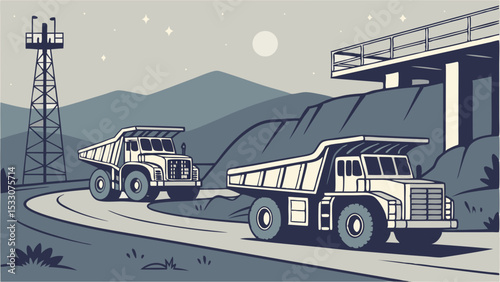 Two Large Dump Trucks Driving on Winding Road at Night