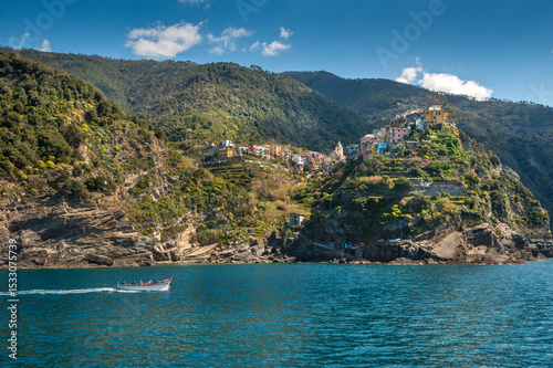 colorful buildings on a cliff between terraced hills, Monterosso al Mare, Cin...