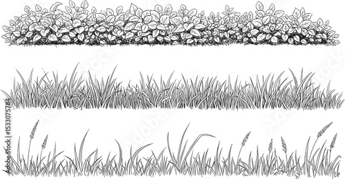 set of forest line cad, minimal isolated on white background. Ground cover. Illustration for elevation architectural element, side view, grass section. Turf coating banners for edging.