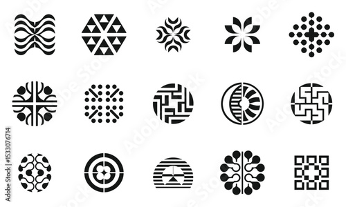A collection of unique black and white geometric logos showcasing various designs, such as circles, hexagons, and abstract shapes that evoke modernity and creativity.