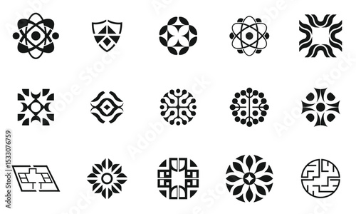 A collection of unique black and white abstract geometric logos, showcasing variety in design and shape, perfect for modern branding and artistic projects.