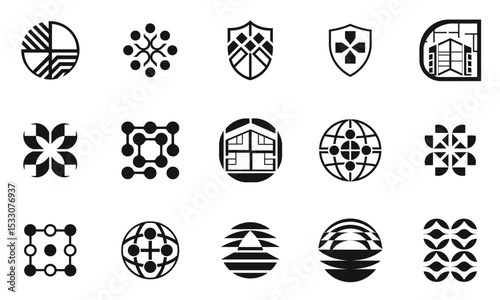 A diverse collection of abstract black and white logo designs, featuring geometric shapes and patterns that evoke technology and connectivity.