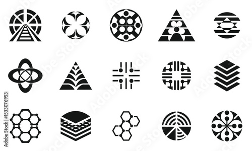 A diverse collection of geometric black and white logo designs featuring various shapes and patterns suitable for modern branding or artistic projects.