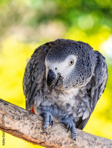 African gray parrot featuring intricate gray feather details and a striking profile against a soft, muted background.