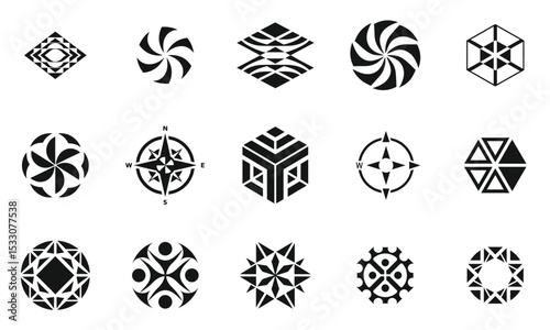 A collection of intricate geometric designs featuring black and white patterns, including spirals, mazes, and compass motifs, showcasing creativity and symmetry.