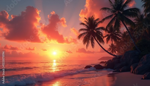 Tropical sunset beach. Palm trees silhouettes on ocean coast at dusk. Sun sets down to horizon with warm orange, pink colors. Scenic nature landscape. Vacation, travel, relax mood.
