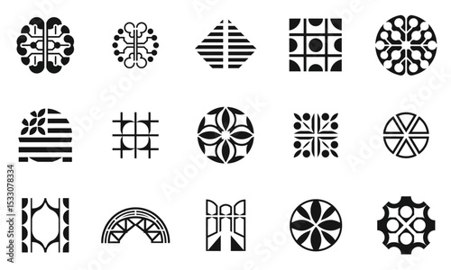 A creative collection of abstract black and white graphic logos featuring geometric shapes, lines, and patterns, showcasing modern design concepts and artistic flair.