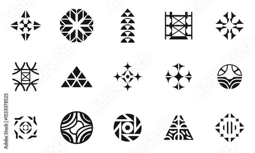 A collection of diverse black and white geometric patterns showcasing various shapes and designs, ideal for artistic or decorative purposes.