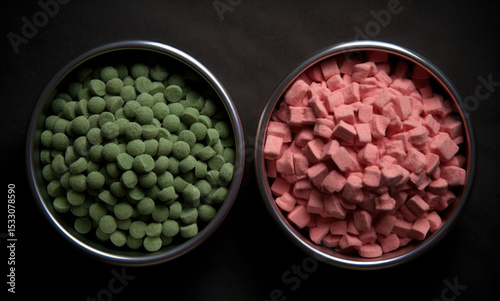 Two bowls filled with red and green dry pet food on black background
