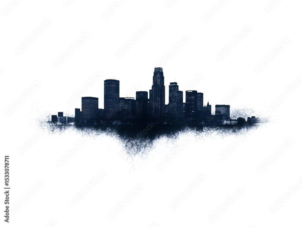 Naklejka premium A dramatic silhouette of a modern city skyline at dusk, infused with an artistic, ethereal aura.