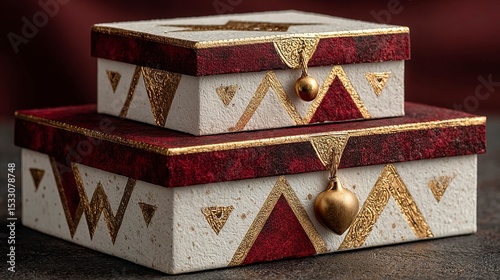 Stacked Matte White Gift Boxes with Gold Foil Triangles: Abstract Accents on Deep Burgundy Gradient, Luxurious Metallic Sheen Minimalist Design