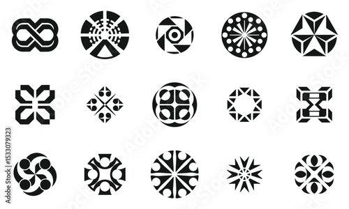 A collection of intricate black and white geometric designs, featuring diverse patterns and shapes, suitable for artistic backgrounds or graphic design projects.