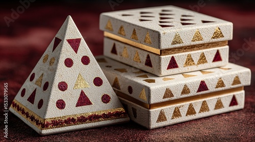 Stacked Matte White Gift Boxes with Gold Foil Triangles: Abstract Accents on Deep Burgundy Gradient, Luxurious Metallic Sheen Minimalist Design
